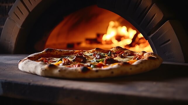 Italian pizza is cooked in a wood-fired oven. Generative AI