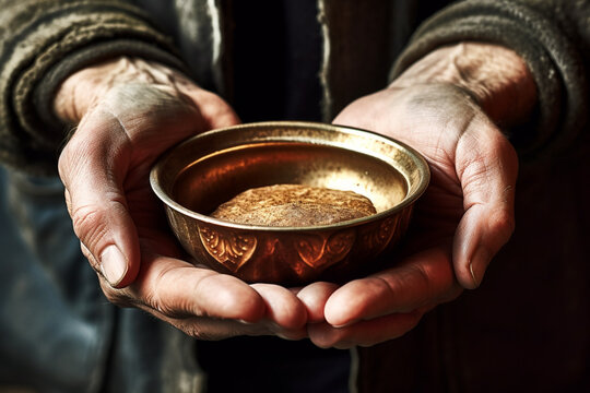 Homeless man hold soup in hands, closeup view