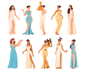 Fototapeta na wymiar Roman or Greek Girl in Antique Clothes Stand and Gesturing with Amphora Vector Set