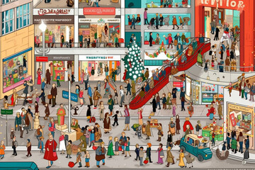 hustle and bustle in the mall decorated for christmas, lots of people