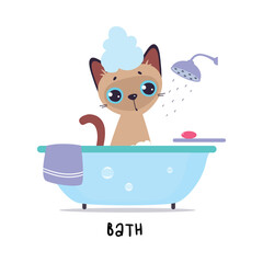 Funny Brown Cat Bathing in Bathtub as English Verb for Educational Activity Vector Illustration