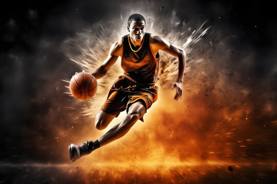 Basketball player dribbles with smoke effect in dark background ai generated art