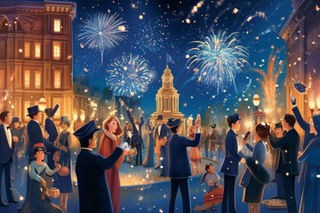 Illustration of 1920s party with a lot of people at night party