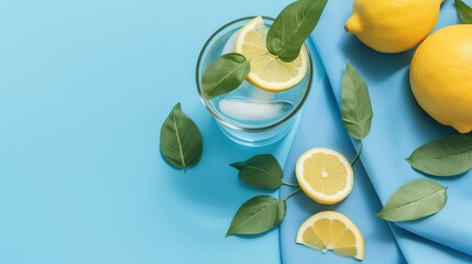 a glass of water with lemons and leaves. Generative AI Art.