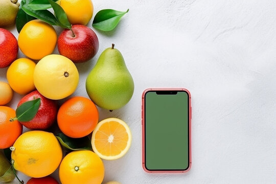 Top view on smartphone with mockup display and fruits around