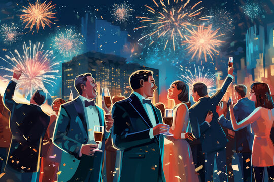 Illustration of 1920s party with a lot of people at night party