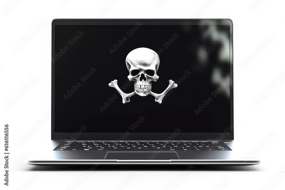 Poster Laptop with a pirate symbol on screen. Hacking and virus concept. Generative AI