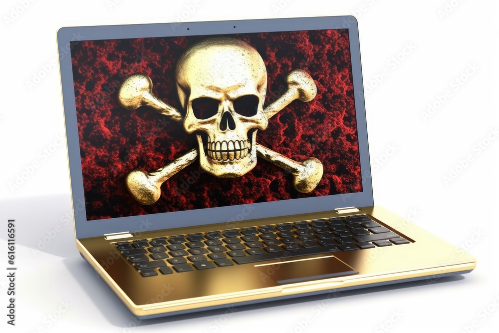 Poster Laptop with a pirate symbol on screen. Hacking and virus concept. Generative AI
