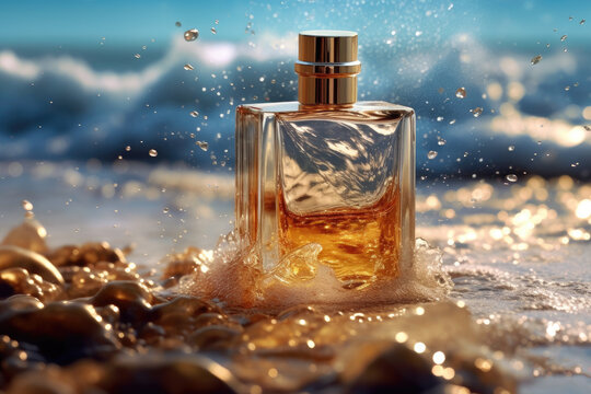 A bottle of perfume on a beach background. Generative AI