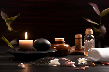 Fototapeta na wymiar Beautiful spa composition on dark background. Natural skincare cosmetic products. AI generated