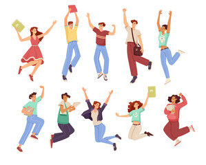 Happy Students Jumping Feeling Happiness and Rejoice Vector Set