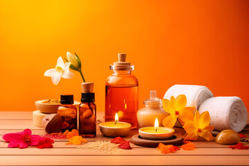 Fototapeta na wymiar Beautiful spa composition on orange background. Natural skincare cosmetic products. AI generated