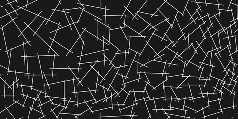 White sticks on a black background, a repeating pattern of randomly placed sticks. For print and stylish design.