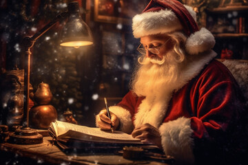 Santa Claus writing letter to a child in Christmas time