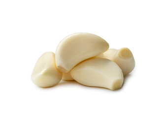 Peeled garlic cloves in stack isolated on white background with clipping path. and shadow in png file format