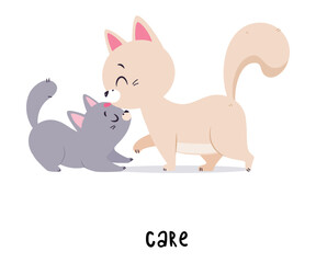 Fototapeta premium Funny Cat Care of Baby as English Verb for Educational Activity Vector Illustration