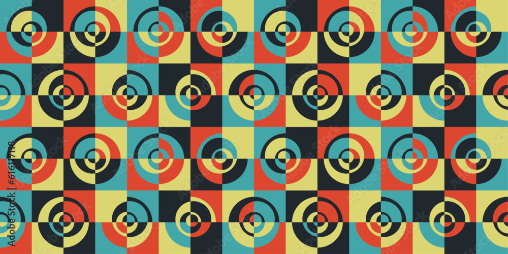 Fototapete Mosaic pattern with quarters, colorful rings on the tiles.  Vector and geometrical tile pattern. Modern abstract tile with rings and squares.