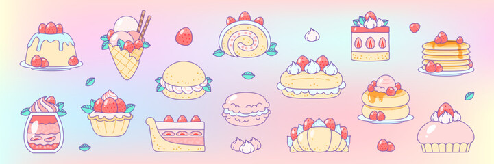 Set of strawberry desserts. Flat cartoon illustration of summer berry desserts like pancakes, macaroon, croissant, ice cream, panna cotta etc. on a rainbow pastel background. Vector 10 EPS.
