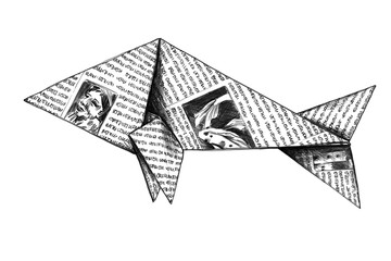 Bleistift Zeichnung von einem dekorativen Origami Fisch oder Delfin aus Zeitung und Papier gebastelt © Mirabu