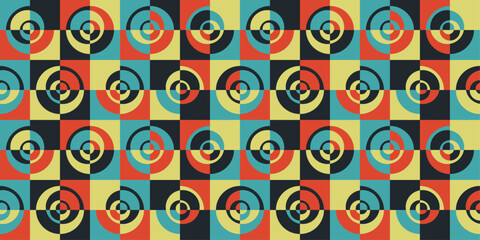 Mosaic pattern with quarters, colorful rings on the tiles.  Vector and geometrical tile pattern. Modern abstract tile with rings and squares.