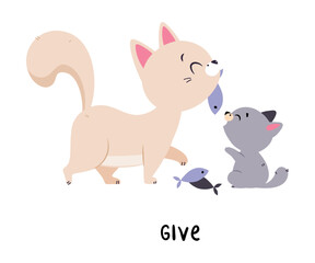 Funny Cat Give Fish to Baby as English Verb for Educational Activity Vector Illustration