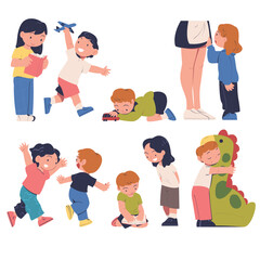 Little Children at Kindergarden Playing Toys and Having Fun Vector Illustration Set