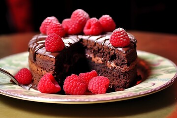 Decadent chocolate cake with fresh raspberries. Generative AI
