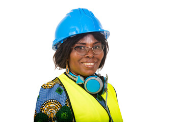 close up of beautiful woman engineer in protective helmet , happy.