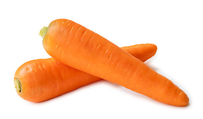 Two fresh orange carrots in stack isolated on white background with clipping path and shadow in png...
