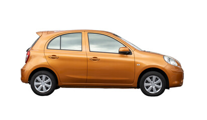 Fototapeta na wymiar Single lovely small orange car isolated on white background with clipping path in png file format.