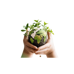illustration of a male hand holding a globe-shaped plant in generative ai, background cut off, concept environment day