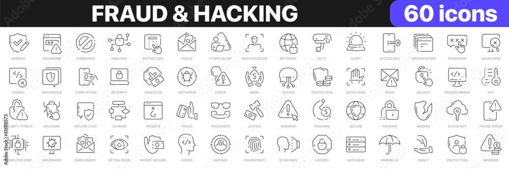 Leinwandbilder fraud and hacking line icons collection. hacker, crime, server, cyber security icons. ui icon set. t