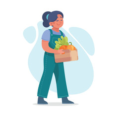 Harvesting Woman Character Carrying Crate with Pepper Crop Vector Illustration