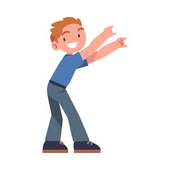 Happy Boy with His Hands Up Point at Something Standing and Smiling Vector Illustration