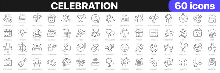 Celebration line icons collection. Party, hobby, restaurant, happy, holiday icons. UI icon set. Thin outline icons pack. Vector illustration EPS10