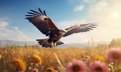 Bald Eagle Flying on Flower Field Blue Sky Background. Generative Ai