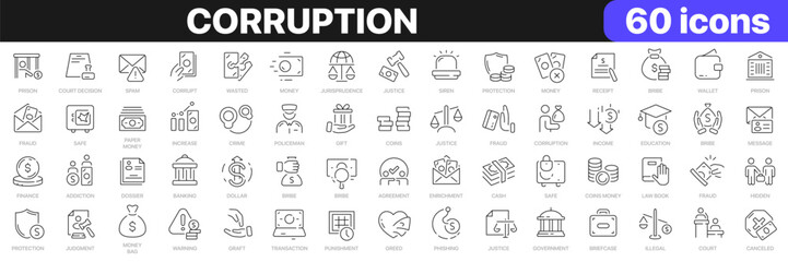 Corruption line icons collection. Bribe, money, illegal, justice, crime icons. UI icon set. Thin outline icons pack. Vector illustration EPS10