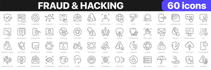 Fraud and hacking line icons collection. Hacker, crime, server, cyber security icons. UI icon set. Thin outline icons pack. Vector illustration EPS10