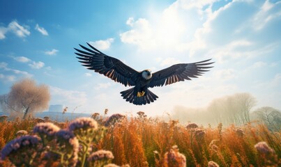 Obraz premium Bald Eagle Flying on Flower Field Blue Sky Background. Generative Ai