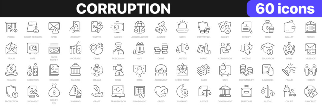 Corruption line icons collection. Bribe, money, illegal, justice, crime icons. UI icon set. Thin outline icons pack. Vector illustration EPS10