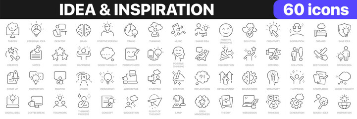 Fototapeta na wymiar Idea and inspiration line icons collection. Theory, education, thinking, creative, startup icons. UI icon set. Thin outline icons pack. Vector illustration EPS10