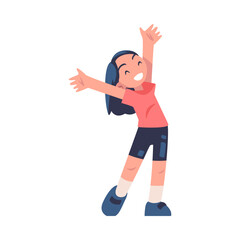Fototapeta na wymiar Happy Girl with Her Hands Up Standing and Smiling Vector Illustration