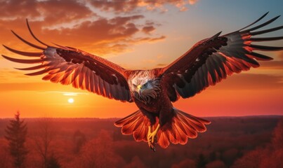 Naklejka na ściany i meble Bald Eagle Flying on Sunset Background. Generative Ai