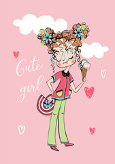 Stylish fashionable cute teen girl with ice cream. Vector illustration.