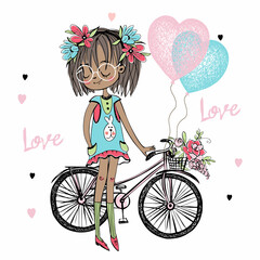 Cute fashionista dark-skinned teenage girl , a Bicycle and balloons with hearts. Vector.