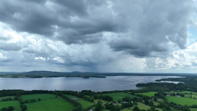 timelapse drone footage of rainclouds over lough sheelin lake, ireland