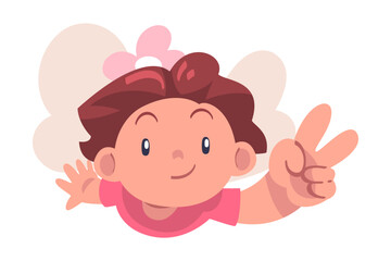 Happy Girl with Her Hand Up Show V Sign Above View Vector Illustration