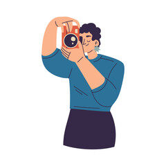 Happy Woman Character Taking Photo with Camera Enjoying Her Hobby Vector Illustration