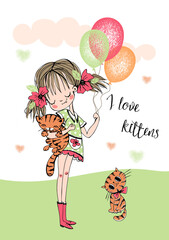 Cute girl with a kittens and balloons. Vector illustration