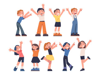 Happy Children with Their Hands Up Standing and Smiling Vector Set